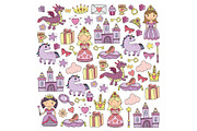 Set of doodle princess and fantasy icon and and design element for invitation and greeting card. Kids drawing. Kindergarten, preschool, school pattern