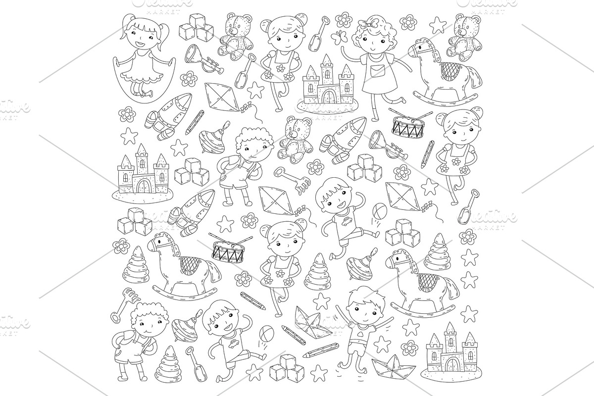 Kindergarten Nursery Preschool School education with children Doodle pattern Kids play and study Boys and girls kids drawing icons Space, adventure, exploration, imagination concept in Illustrations - product preview 8