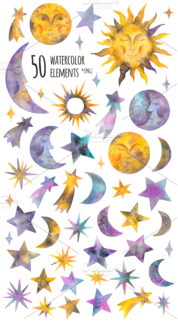 Watercolor Stars & Celestial Bodies in Illustrations - product preview 1