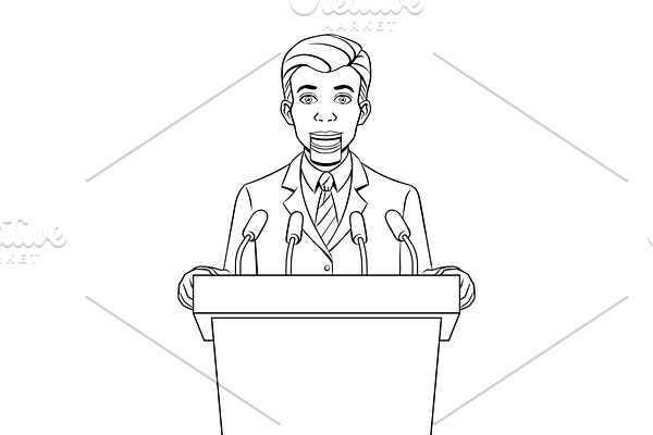 Speaking puppet on tribune coloring book vector