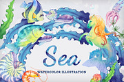 Sea set. Watercolor illustrations.