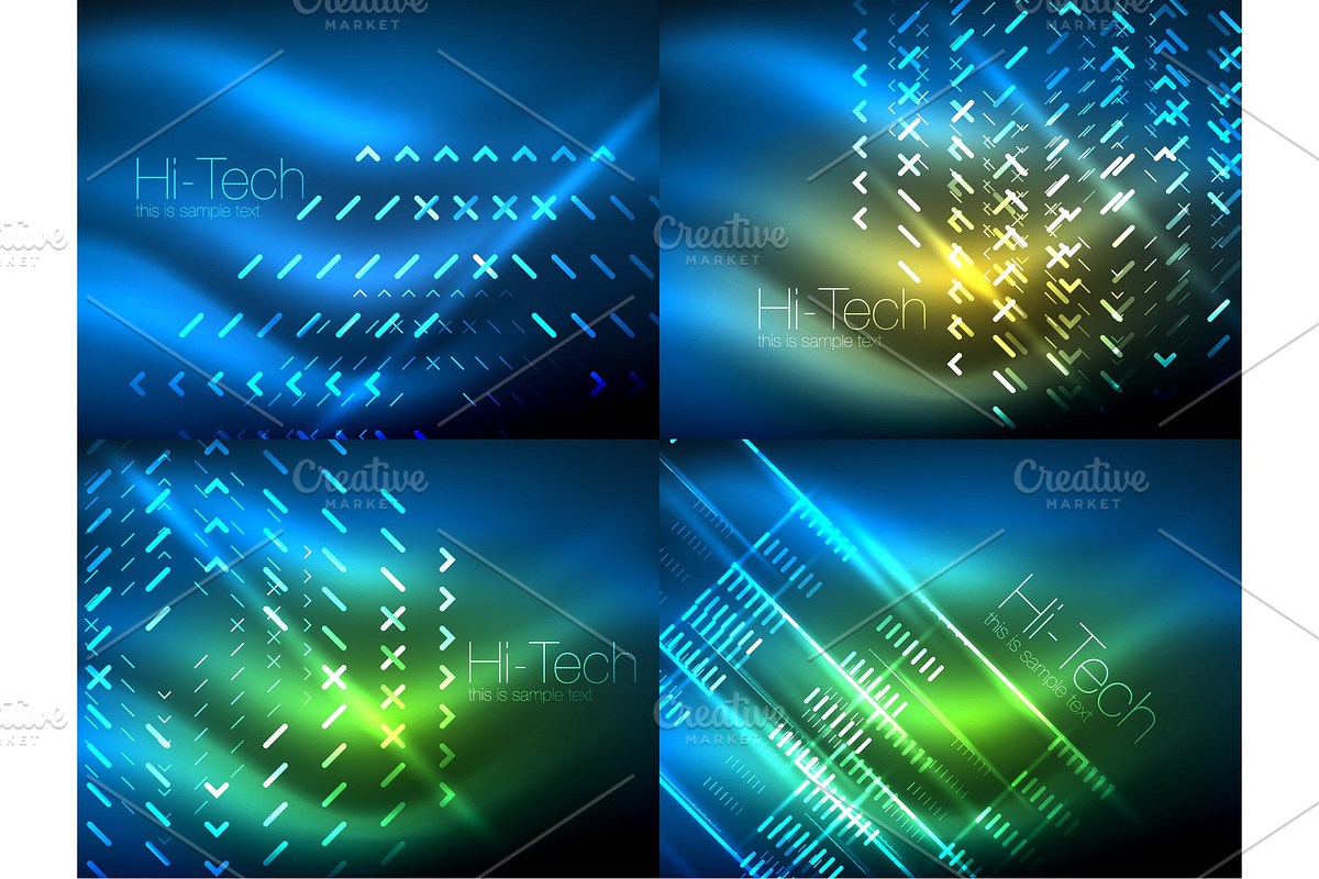 Set of glowing neon lines and shapes on dark, shiny motion, magic space light. Vector techno abstract backgrounds in Illustrations - product preview 8