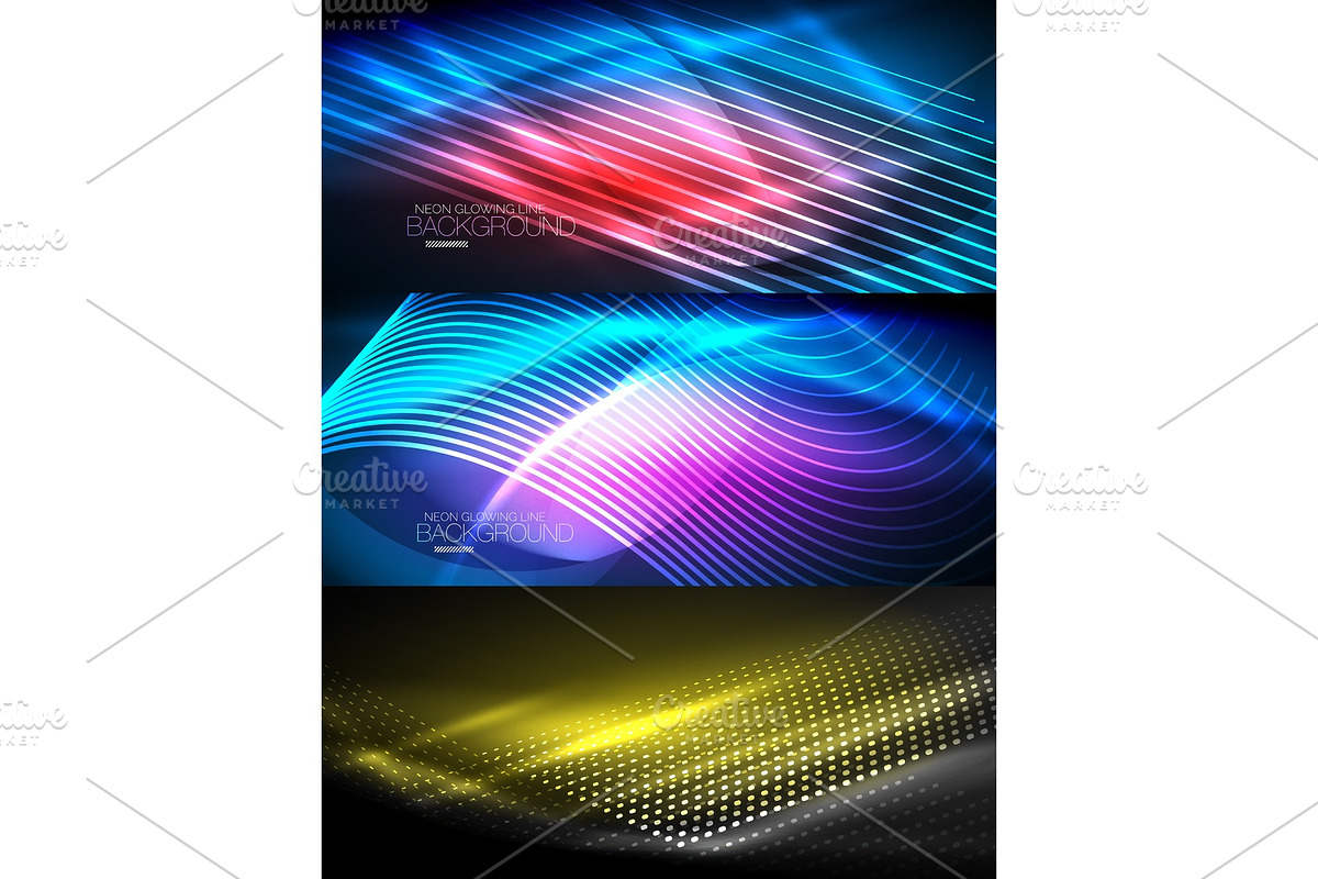 Set of neon glowing waves and lines, shiny light effect digital techno motion backgrounds. Collection of dark space magic vector illustrations in Illustrations - product preview 8