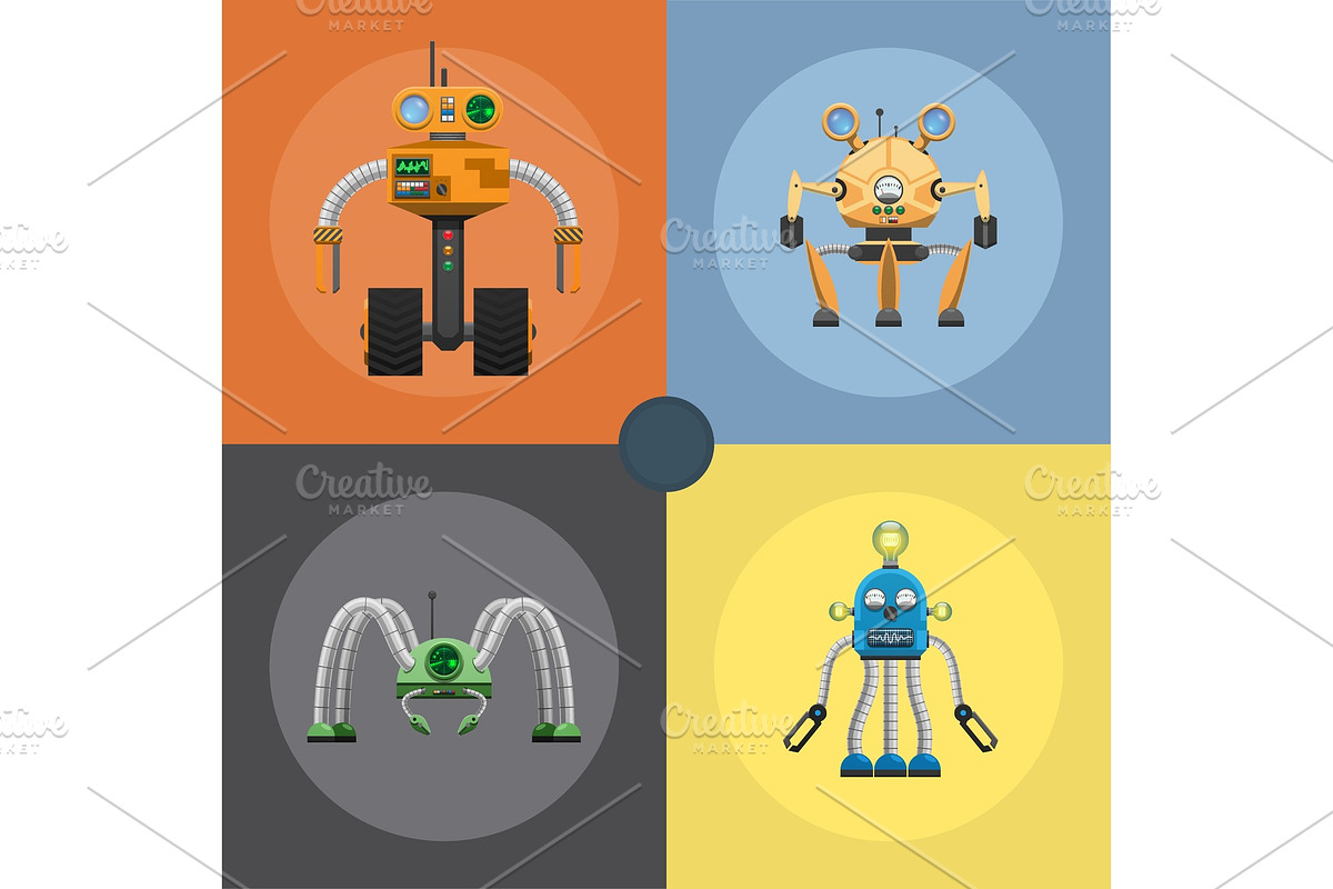 Cartoon Mechanical Steel Robots Illustrations Set in Illustrations - product preview 8