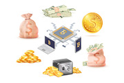 Set of Green Money, Golden, Online Cash, Bank Cell