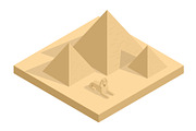 Isometric Great Sphinx including pyramids of Menkaure and Khafre in white background. Giza, Cairo, Egypt. Egyptian pyramids tourism vector concept.