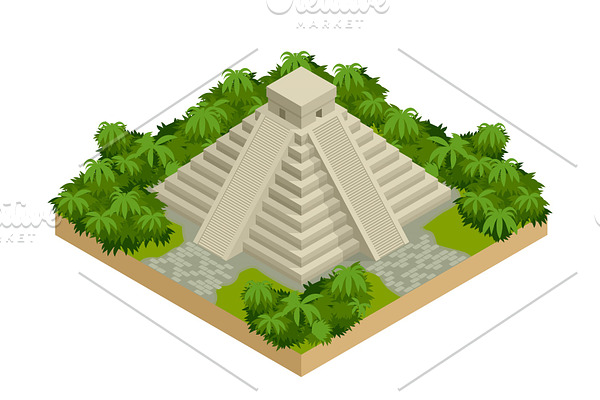 Isometric Mayan pyramid isolated on white. Vector travel banner. The teotihuacan pyramids in Mexico, North America. Ancient stepped pyramids.
