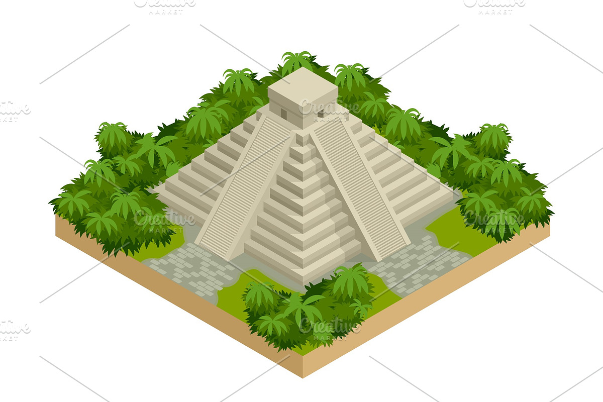 Isometric Mayan pyramid isolated on white. Vector travel banner. The teotihuacan pyramids in Mexico, North America. Ancient stepped pyramids. in Illustrations - product preview 8