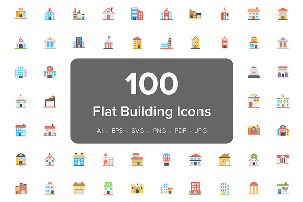 100 Buildings Flat Vector Icons