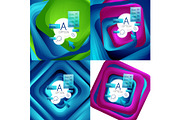 Set of rotating swirl square backgrounds, color rectangles with stepping blending effect with sample infographics or slogan. Business presentation templates.