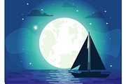 Silhouette of Ship with Moon Vector Illustration
