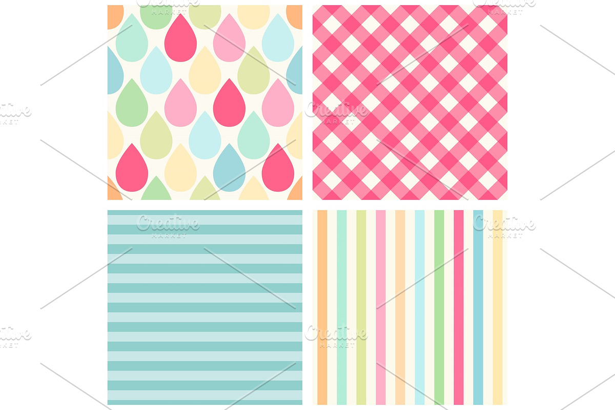 Set of four cute retro patterns with drops, gingham and striped in Textures - product preview 8