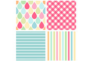 Set of four cute retro patterns with drops, gingham and striped