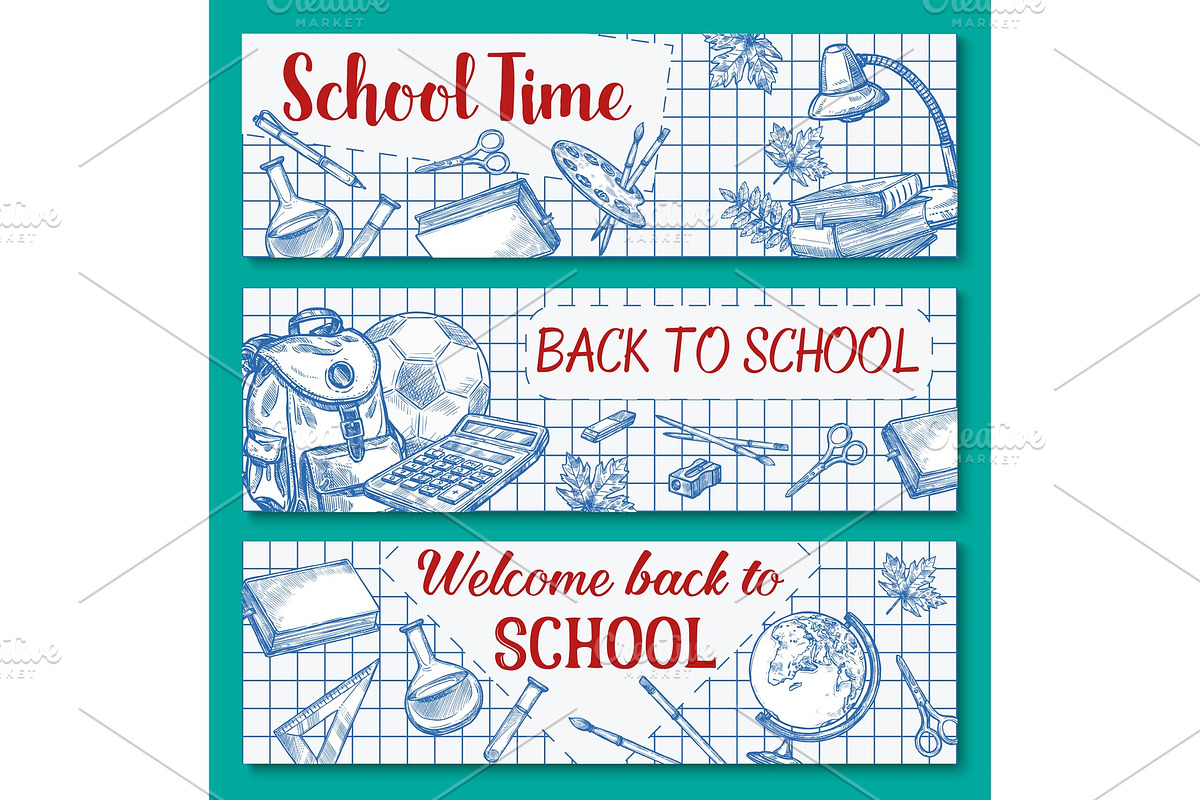 Back to School vector sketch stationery banner in Illustrations - product preview 8