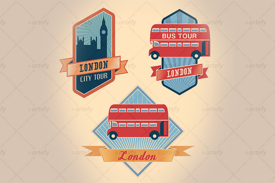 Retro-styled London tour labels (3x) in Illustrations - product preview 8