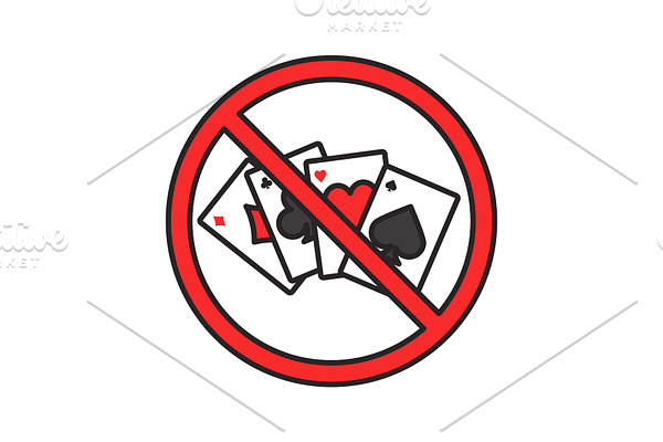 Forbidden sign with playing cards color icon
