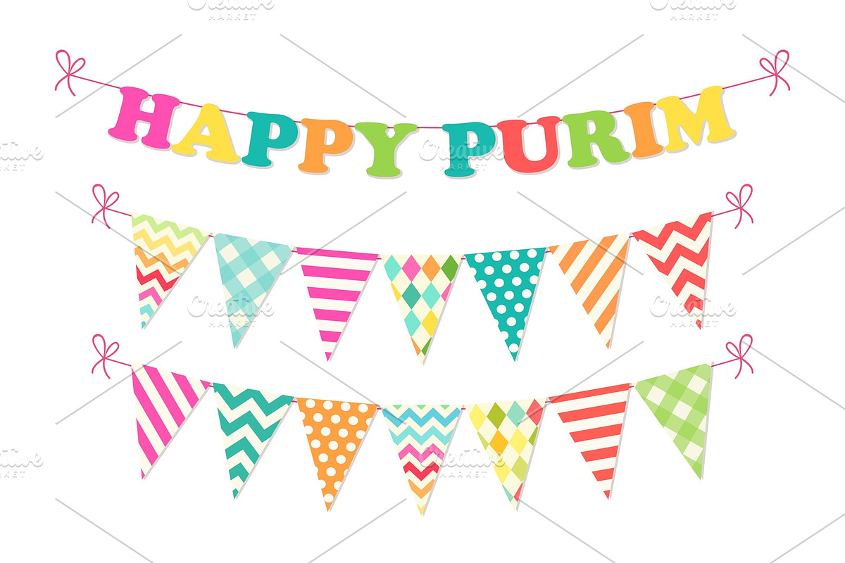 Cute bright and colorful bunting flags for Happy Purim (jewish holiday) in Objects - product preview 8