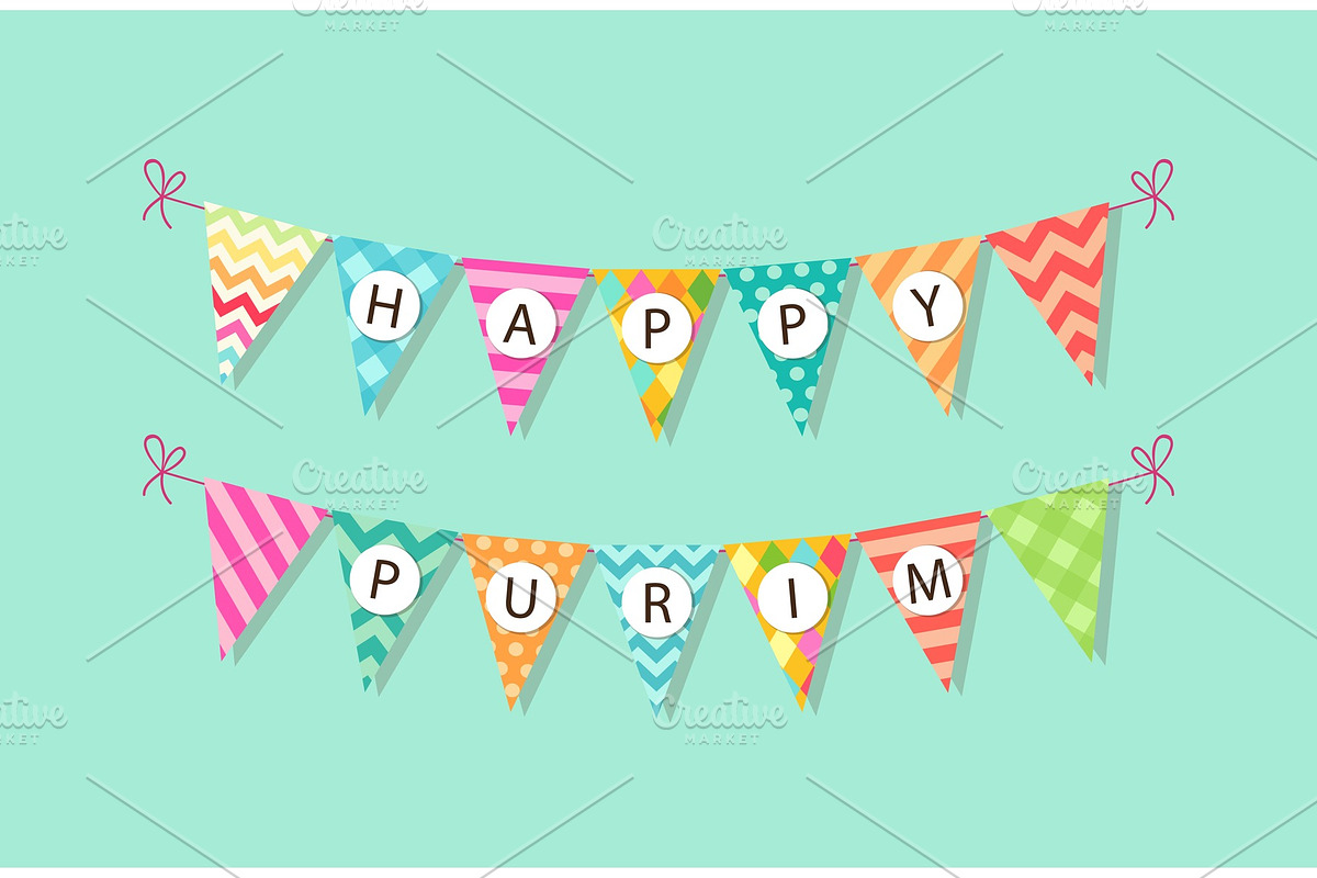 Cute bright and colorful bunting flags for Happy Purim (jewish holiday) in Objects - product preview 8