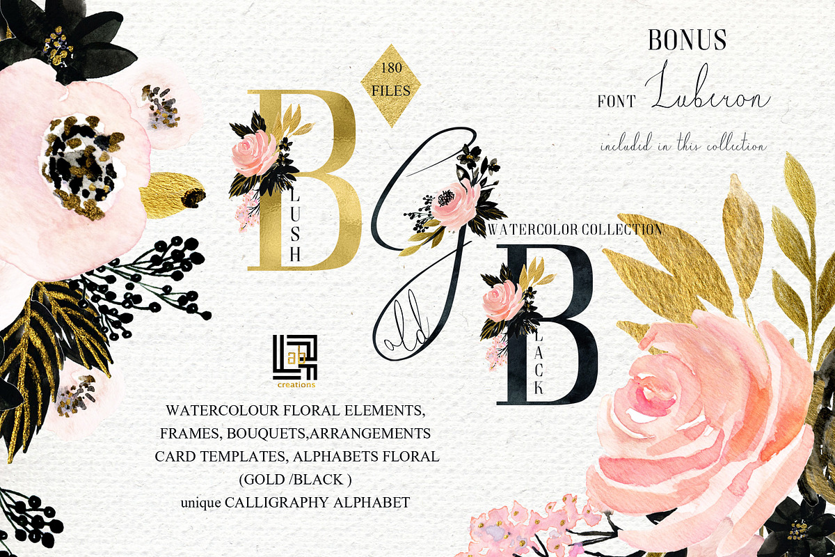 Blush Gold Black. Watercolor flowers in Illustrations - product preview 8