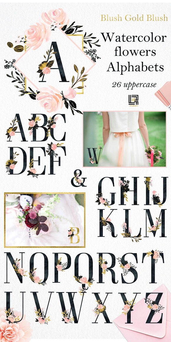 Blush Gold Black. Watercolor flowers in Illustrations - product preview 1