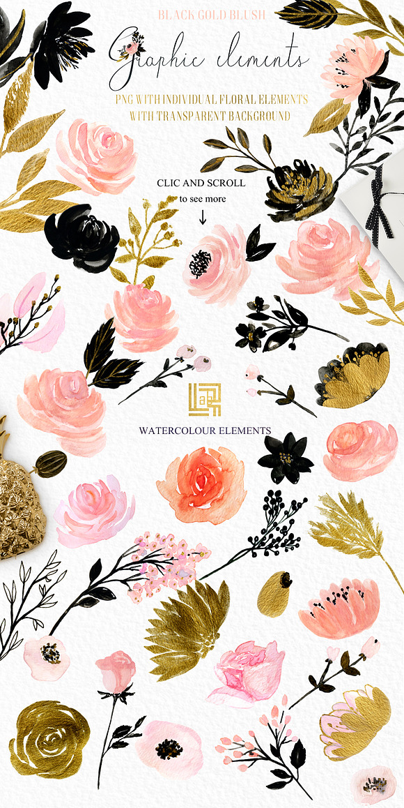 Blush Gold Black. Watercolor flowers in Illustrations - product preview 2