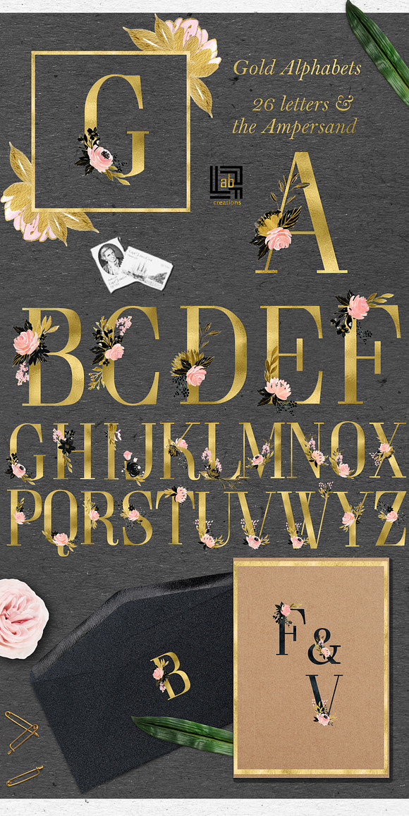 Blush Gold Black. Watercolor flowers in Illustrations - product preview 3
