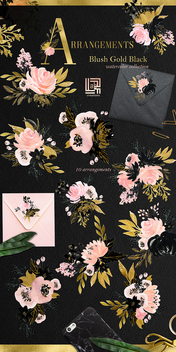 Blush Gold Black. Watercolor flowers in Illustrations - product preview 5