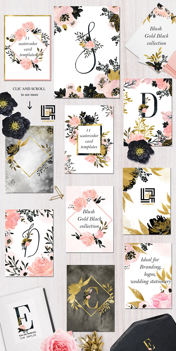 Blush Gold Black. Watercolor flowers in Illustrations - product preview 6