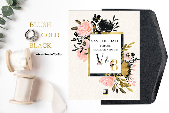 Blush Gold Black. Watercolor flowers in Illustrations - product preview 7