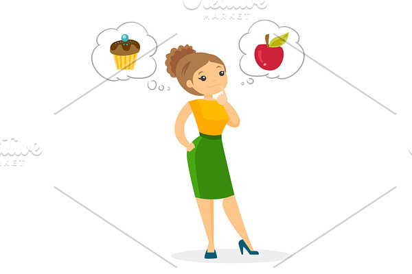 Caucasian woman choosing between apple and cupcake
