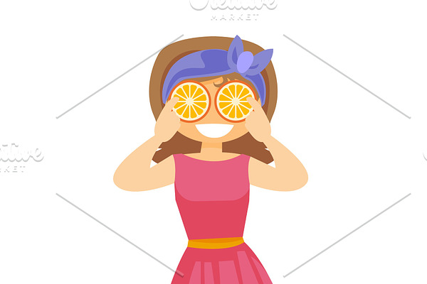 Caucasian woman holding lemon in front of eyes.