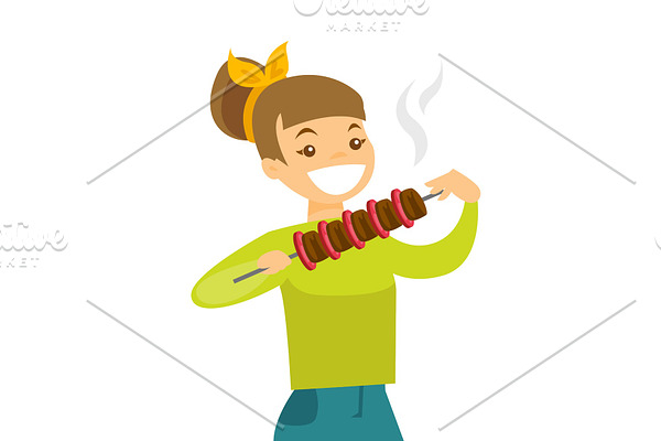 Young caucasian white woman eating shashlik.