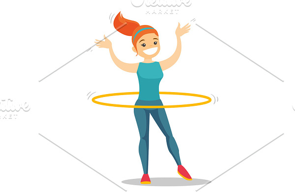 Caucasian woman doing exercises with hula hoop.