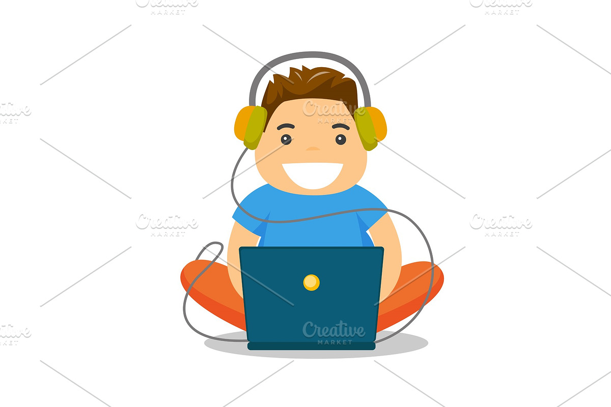 Caucasian white fat boy sitting with laptop. in Illustrations - product preview 8
