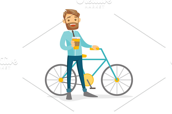 Young caucasian white businessman riding a bicycle