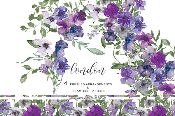 Watercolor Purple Flowers set