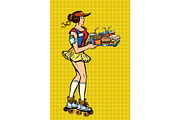 retro fast food waitress on roller skates