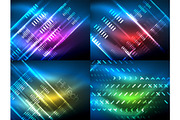 Set of glowing neon lines and shapes on dark, shiny motion, magic space light. Vector techno abstract backgrounds