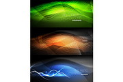 Set of neon glowing waves and lines, shiny light effect digital techno motion backgrounds. Collection of dark space magic vector illustrations