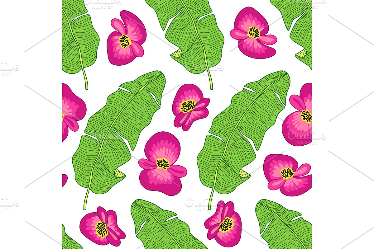 Beautiful botanical seamless pattern with tropical flowers and foliage as banana palm tree leaves on striped background in Illustrations - product preview 8