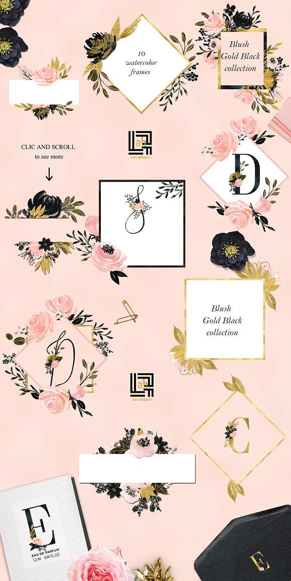 Blush Gold Black. Watercolor flowers in Illustrations - product preview 8