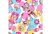 Japanese anime cosplay seamless pattern. Cute kawaii characters and items
