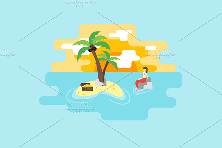 Sunset and treasure island with merm in Illustrations - product preview 8