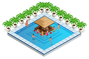 Swimming Pool with Bar Isometric Vector Illustration. young people swim in the pool, relax and drink cocktails at the bar.