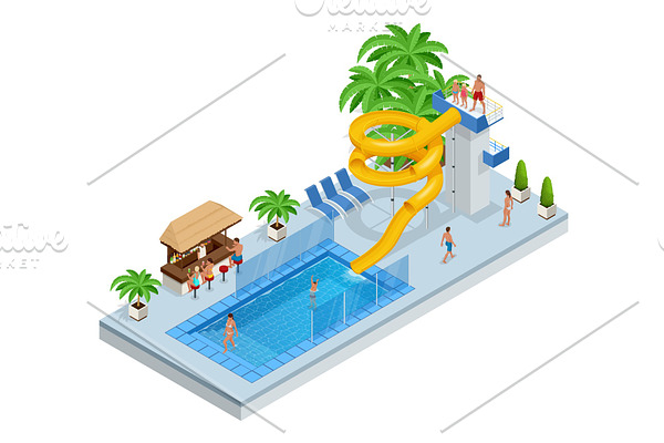 Isometric Aqua Park with water slides, water pool, people or visitors and palms. Vector illustration isolated on white background