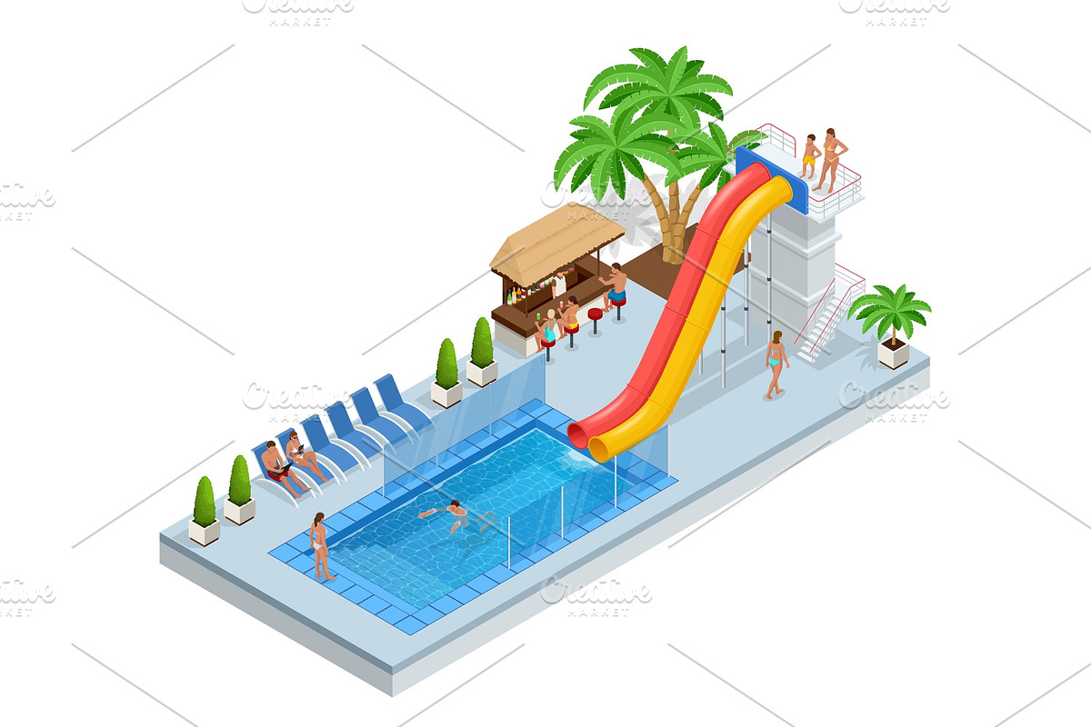 Isometric Aqua Park with water slides, water pool, people or visitors and palms. Vector illustration isolated on white background in Illustrations - product preview 8
