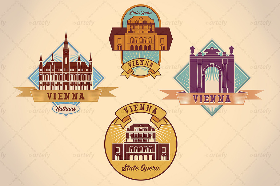 Retro-styled Vienna tour labels (4x) in Illustrations - product preview 8