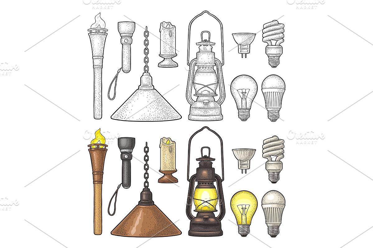 Set lighting object. Torch, candle, flashlight, different types electric lamps in Illustrations - product preview 8