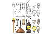 Set lighting object. Torch, candle, flashlight, different types electric lamps