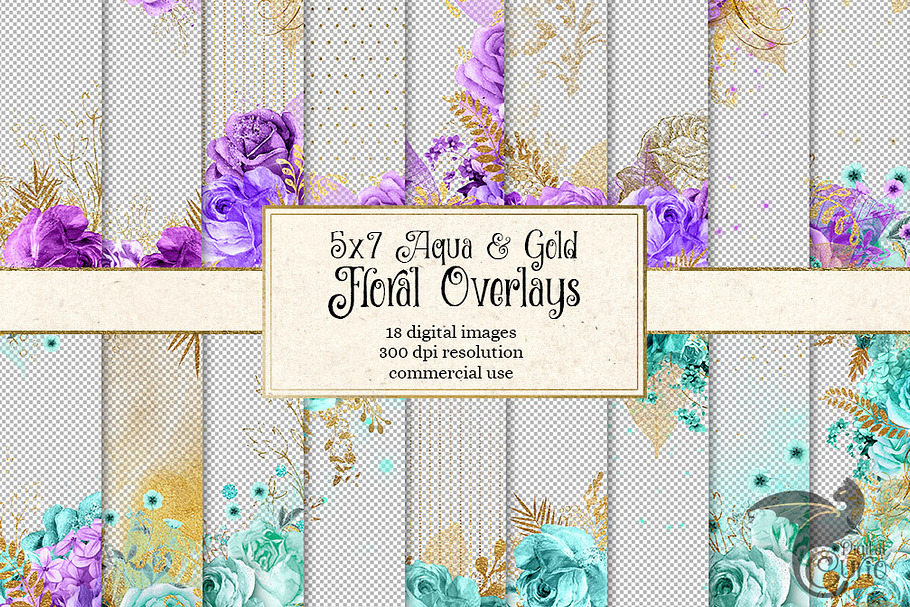 Aqua and Purple Gold Floral Overlays